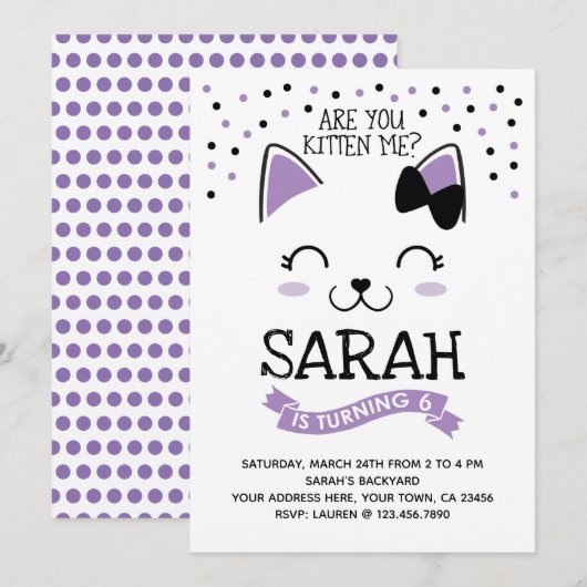 Kitty Cat verjaardagsuitnodiging, Paarse & zwart Kaart (Voorkant / Achterkant)
