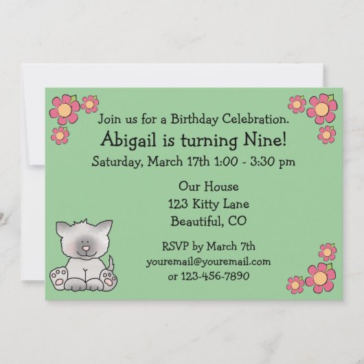 Kitty Cat verjaardagsuitnodiging voor meisjes Kaart (Voorkant)