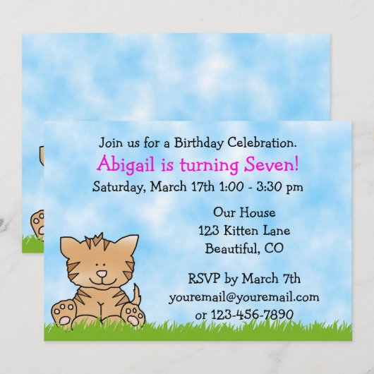 Kitty Cat verjaardagsuitnodiging voor meisjes Kaart (Voorkant / Achterkant)