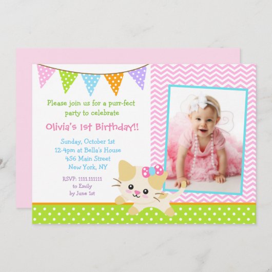 Kitty Cat verjaardagsuitnodigingen Kaart (Voorkant / Achterkant)