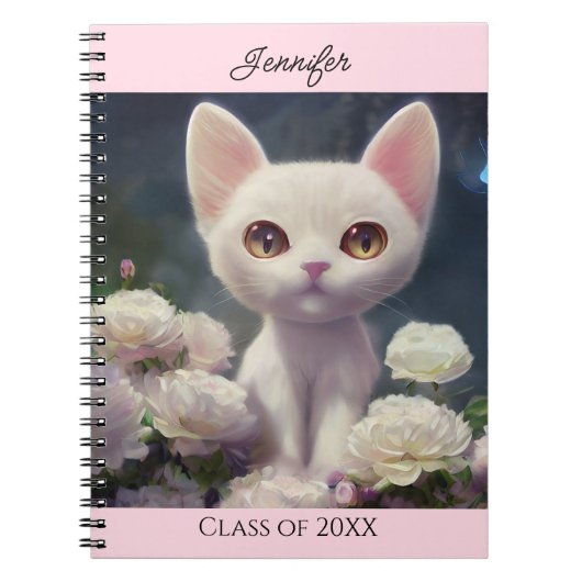 Kitty Cat White Roses personaliseren Naam Gift Notitieboek (Voorkant)