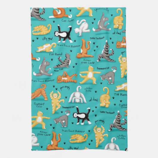 Kitty Cat Yoga Poses Colorful Turquoise Blue Fun Theedoek (Verticaal)