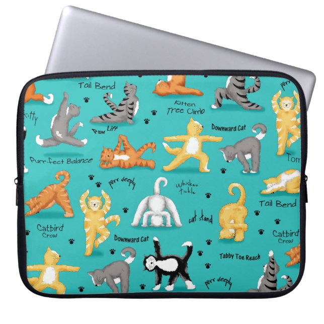 Kitty Cat Yoga Poses Colorful Turquoise Blue Laptop Sleeve (Voorkant)