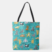 Kitty Cat Yoga Poses Turquoise Blue Yellow Tote Bag (Voorkant)