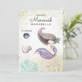 ** Kitty Cat Zeemeermin Gold Glitter Hair Verjaard Kaart (Staand voorkant)