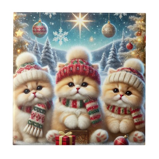 Kitty Cats in kerstdecor en sneeuw Tegeltje (Voorkant)