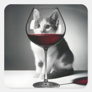 Kitty die door een wijnglas gluurt vierkante sticker