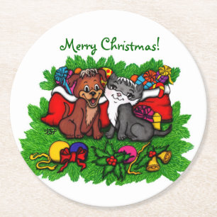Kitty en Puppy, prettig Kerstfeest Ronde Kartonnen Onderzetter