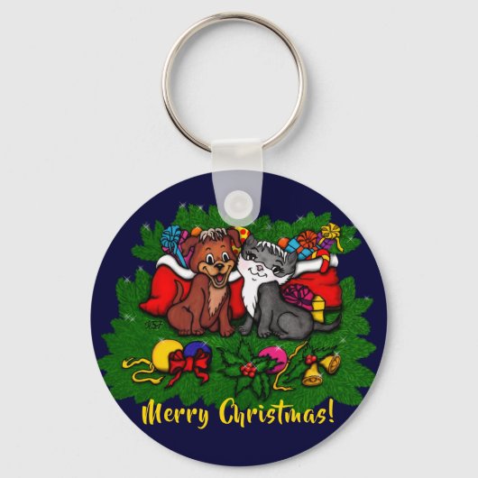 Kitty en Puppy, prettig Kerstmis Sleutelhanger (Voorkant)