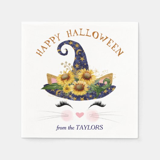 Kitty Face Gold Floral Halloween Servet (Voorkant)