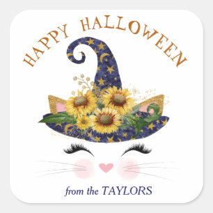 Kitty Face Gold Floral Halloween Vierkante Sticker