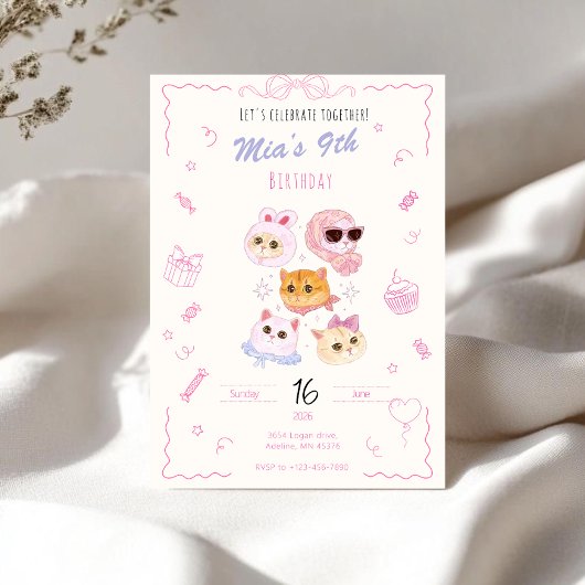 Kitty Girl Birthday Invitation  Kaart