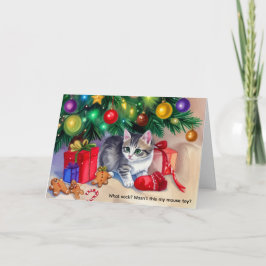 Kitty jaagt op mama's sok onder de kerstboom feestdagen kaart
