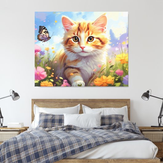 *~* Kitty Kat 5:4 Kitten Vlinder Bloemen AP68 Canvas Afdruk (Insitu (Slaapkamer))