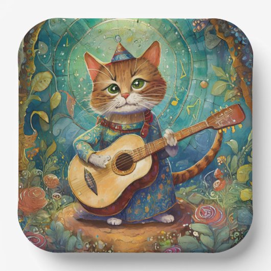 Kitty Kat Gitaar spelend Papieren Bordje (Voorkant)