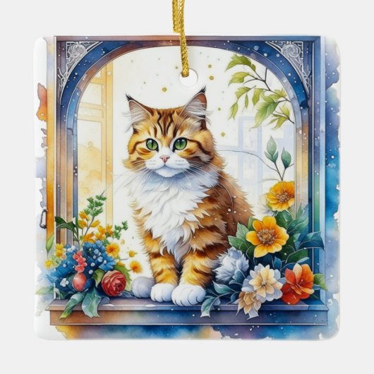 Kitty kat in venster van bloemen gepersonaliseerd keramisch ornament (Voorkant)