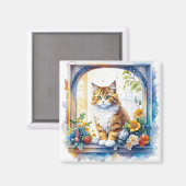 Kitty kat in venster van bloemen gepersonaliseerd magneet (Voorkant / Achterkant)