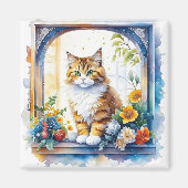 Kitty kat in venster van bloemen gepersonaliseerd magneet (Voorkant)