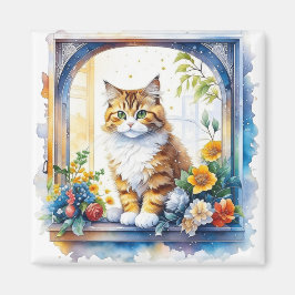 Kitty kat in venster van bloemen gepersonaliseerd magneet