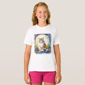 Kitty kat in venster van bloemen t-shirt (Voorkant volledig)