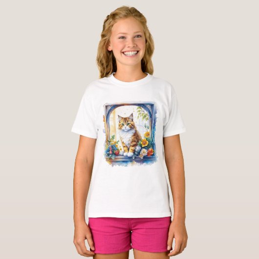 Kitty kat in venster van bloemen t-shirt (Voorkant volledig)