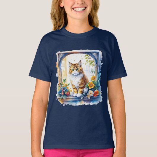Kitty kat in venster van bloemen t-shirt (Voorkant)
