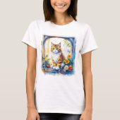 Kitty kat in venster van bloemen t-shirt (Voorkant)