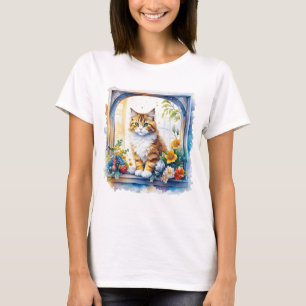 Kitty kat in venster van bloemen t-shirt