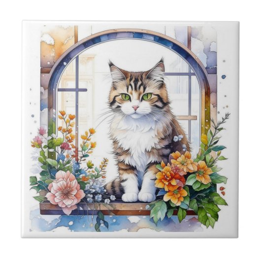 Kitty kat in venster van bloemen tegeltje (Voorkant)
