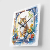 Kitty kat in venster van bloemen vierkante klok (Hoek)