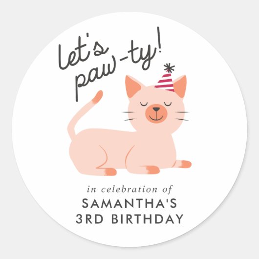 Kitty Kat Kids Verjaardagsfeestje | Let's Paw-ty Ronde Sticker (Voorkant)