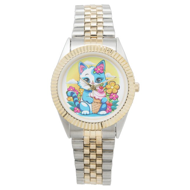 Kitty Kat met ijs Zomer Kawaii Karakter Horloge (Voorkant)