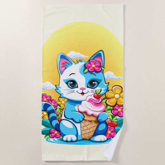 Kitty Kat met ijs Zomer Kawaii Karakter Strandlaken (Voorkant)