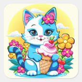 Kitty Kat met ijs Zomer Kawaii Karakter Vierkante Sticker (Voorkant)