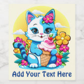 Kitty Kat met ijs Zomer Kawaii Karakter Wijn Etiket (Enkel label)