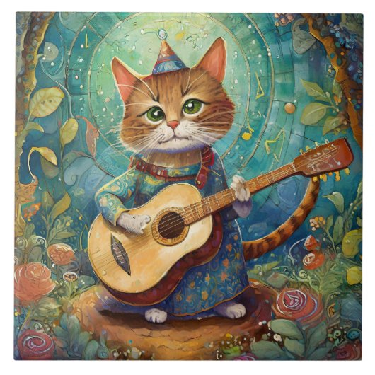 Kitty Kat Speelt Gitaar Tegeltje (Voorkant)