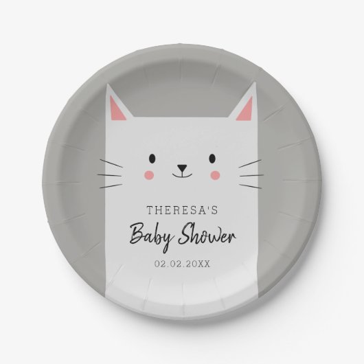 Kitty Kat Thema Baby shower Wit Kitten Papieren Bordje (Voorkant)