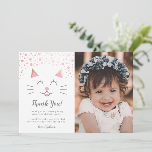 Kitty kat verjaardag dank u aangepaste foto bedankkaart (Staand voorkant)