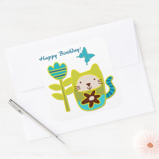 Kitty Kat Verjaardag Vierkante Sticker (Envelop)