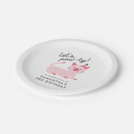 Kitty kat verjaardagsfeestje | Let's Pawty Pink Papieren Bordje (Gekanteld)