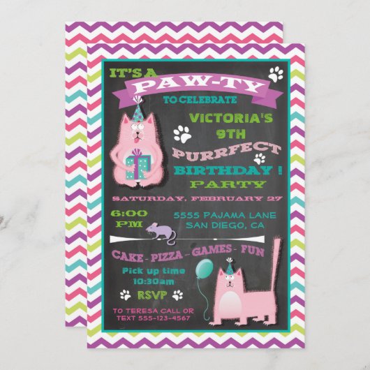 Kitty Kat Verjaardagsfeestje Uitnodiging (Voorkant / Achterkant)