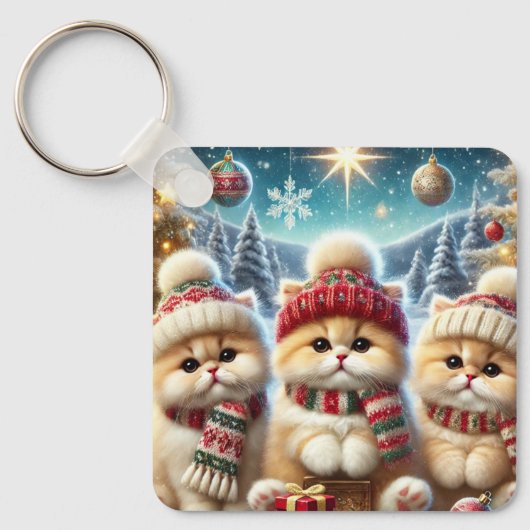 Kitty katten in feestelijke kerstdecor en sneeuw sleutelhanger (Voorkant)