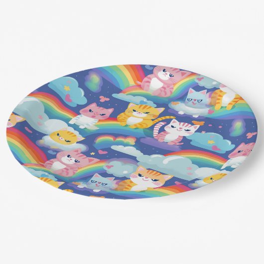 Kitty katten op regenboog wolken schattig en geluk papieren bordje (Gekanteld)