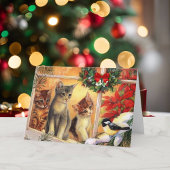 Kitty Katten Vogel kijken Vrolijk Kerstmis Cute Feestdagen Kaart
