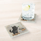KItty Kichen Black Cat, Glass Coaster Glazen Onderzetter (Schuin)