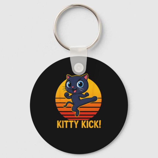 Kitty Kick Karate Martial Arts Kat Retro Zonsonder Sleutelhanger (Voorkant)