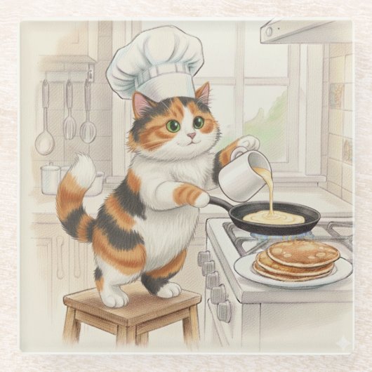 Kitty Kitchen, Calico, Glass Coaster Glazen Onderzetter (Voorkant)