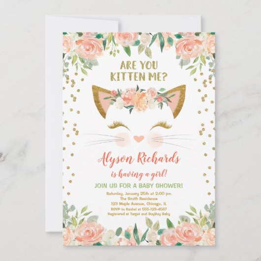 Kitty kitten perzik crème meisje baby shower kaart (Voorkant)