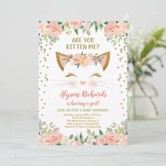 Kitty kitten perzik crème meisje baby shower kaart (Staand voorkant)