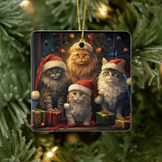 Kitty Kwartet viert Kerstmis Keramisch Ornament (Boom)